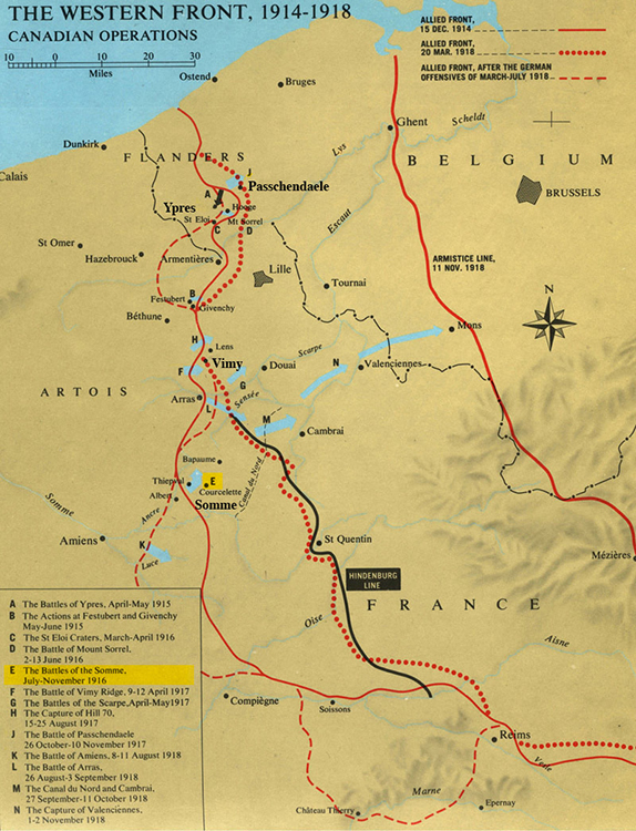 The map of the Western Front highlighting the Battle of the Somme.